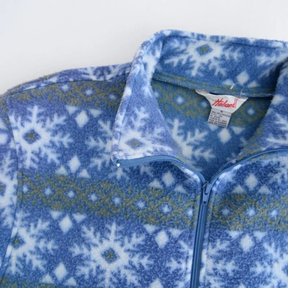 Vintage Haband! Blue & Green Snowflake Fleece Collared Sweater - Picture 6 of 12